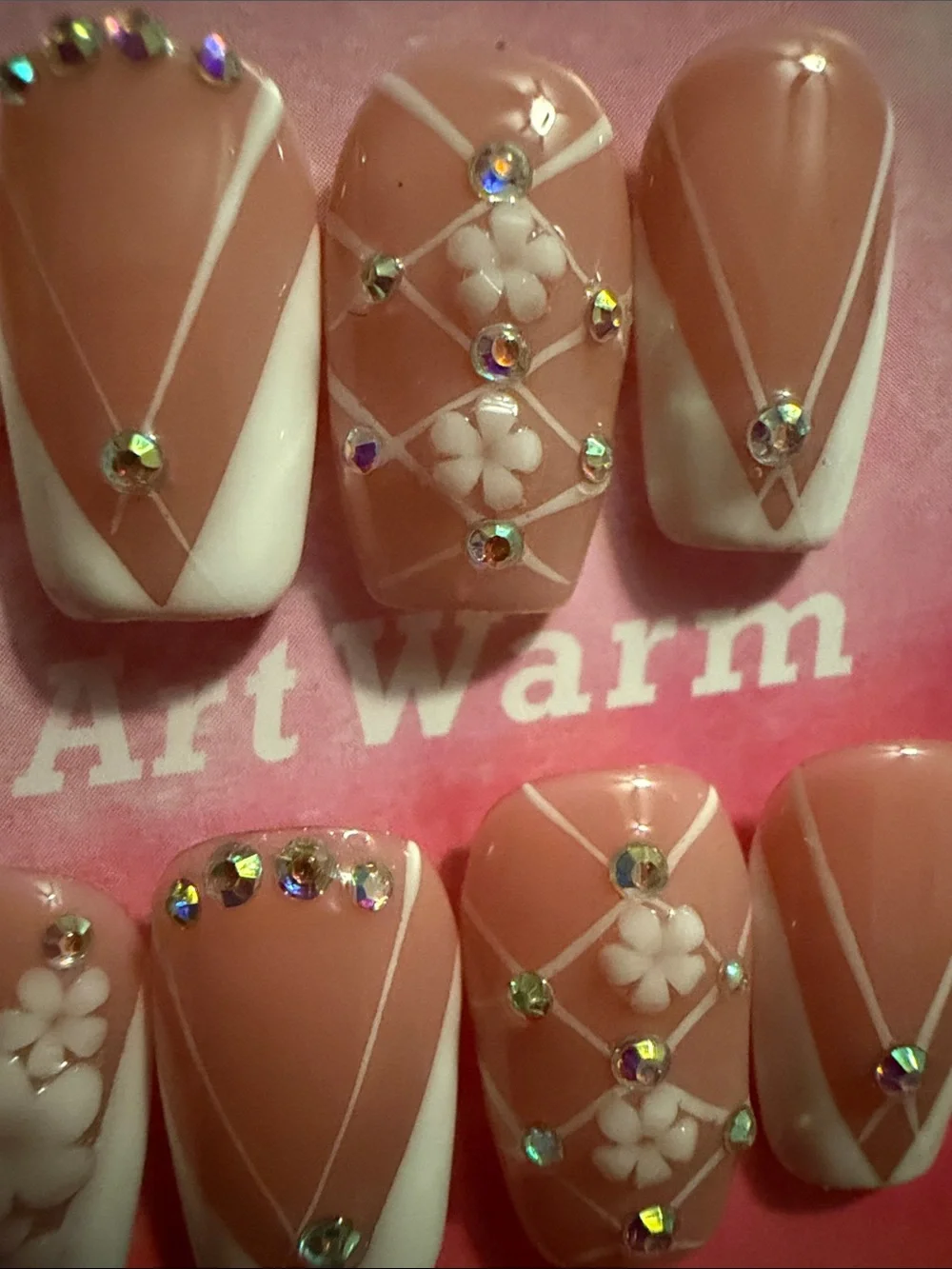 White French  Pink Floral handmade acrylic Nail Set with White Accents